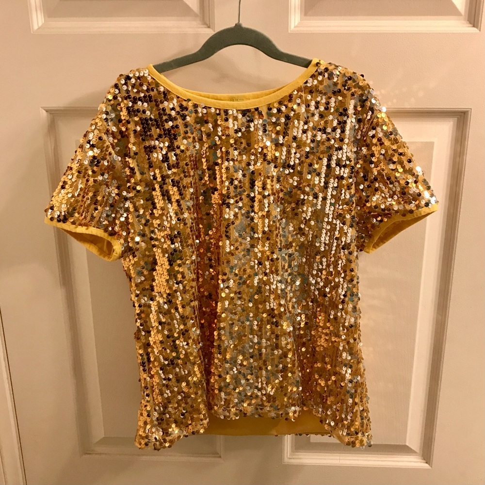 Sequined Short Sleeve Blouse - Gold - M